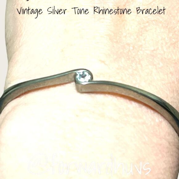 Silver Tone Hinge Bracelet with Single Glass Rhinestone - Picture 3 of 12